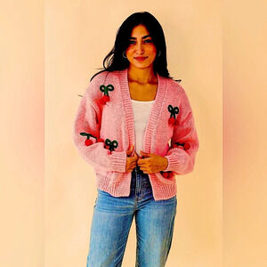Luna Ivy Pink Open Cardigan Pink with Cherry Details